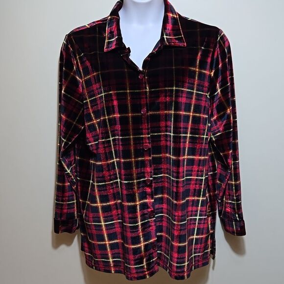 Denim&Co Plaid Velvet Button Up Blouse Top Stretch Plus Sz 1X Holiday Christmas - Picture 2 of 12
